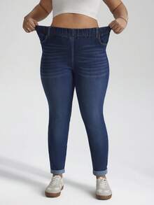 SHEIN Tall CURVE 大码弹力腰紧身牛仔裤，休闲夏季优雅日常穿搭，大码高弹力修身弹力腰百搭日常牛仔裤 - 深色水洗藍 - 查看 12