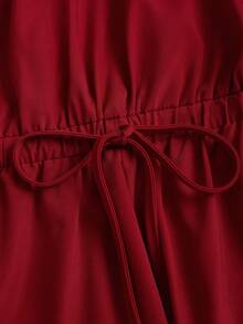 Sweetra Women's Spring/Summer Red Asymmetric Shoulder Metal Buckle Elastic Waist Jumpsuit, Comfortable & Versatile - Burgundy - View 7