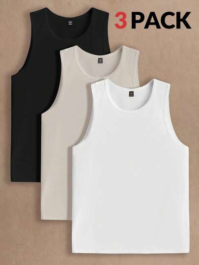 HIMLAND 3pcs/Pack Men's Casual Solid Color Knit Sleeveless Vest, Suitable For Daily Wear