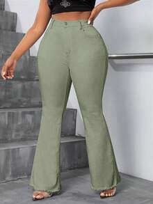 Slaydiva Plus Size Women Distressed Flare Jeans - Green - View 5