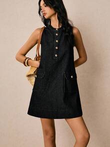 Poéselle Đầm denim nữ mới về, kiểu dáng chữ A không tay, cài khuy nửa thân, màu xanh dương, thích hợp cho mùa thu, phong cách Pháp, đầm thường ngày, đầm đi nghỉ mát, đầm dự tiệc, đầm đi chơi, đầm dành cho người giàu, đầm tựu trường, đầm sinh nhật cho nữ, trang phục giáo viên cho nữ. - màu đen - Xem 3
