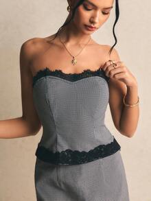 Poéselle 女士撞色蕾丝格纹抹胸上衣和迷你裙两件套 - 灰色 - 查看 5