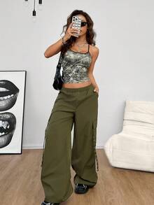 Coolane Áo tank top nữ phong cách đường phố Y2K thời trang với họa tiết rằn ri cành cây. - Xám - Xem 3