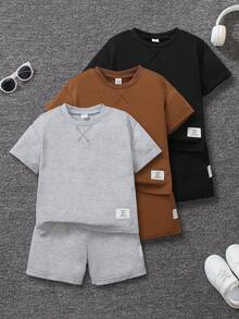 SHEIN Genkimix Kids 6件套儿童休闲简约圆领T恤短裤套装，夏季运动服，3种颜色（灰色、黑色、白色） - 彩色 - 查看 8