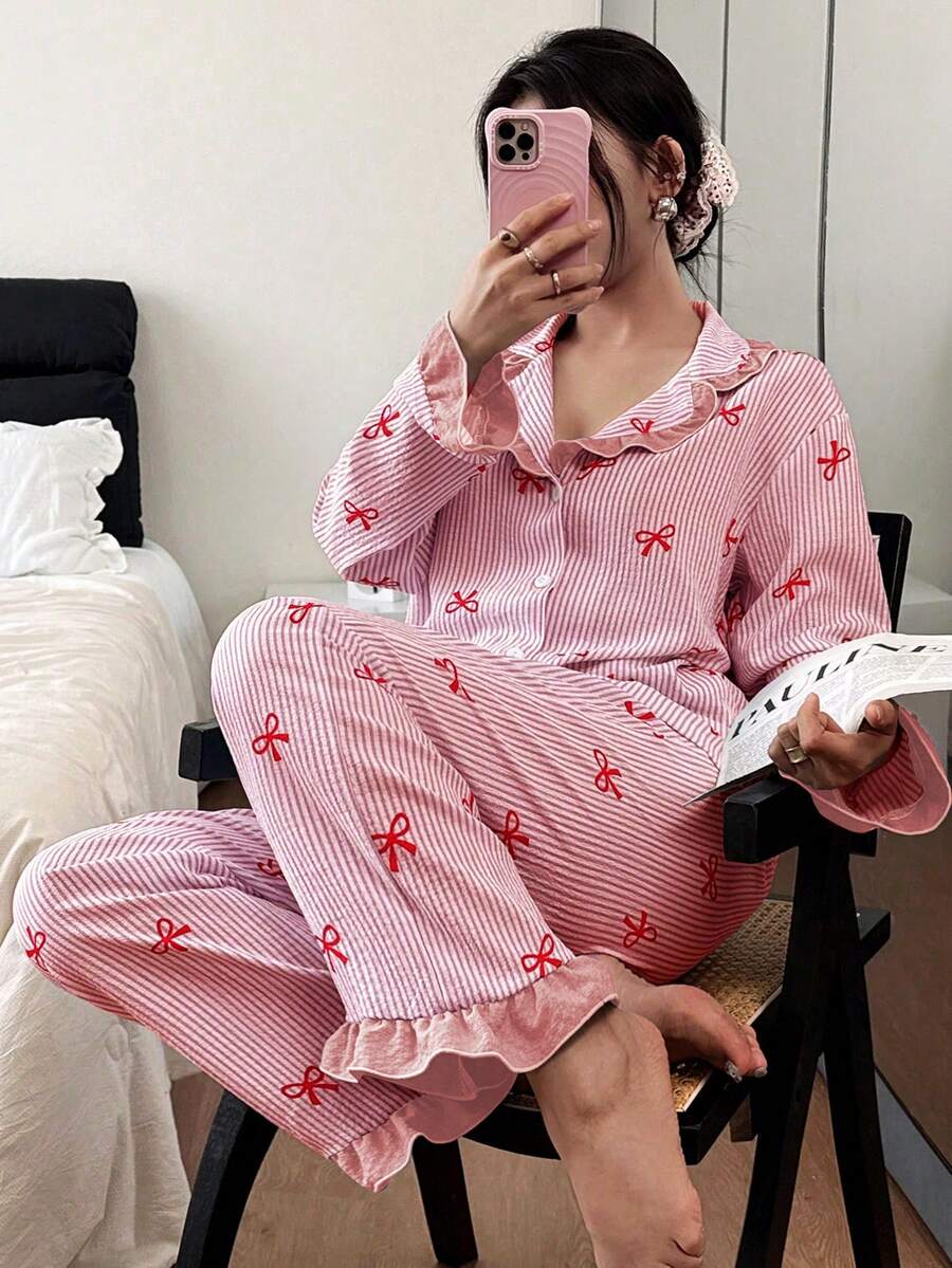 Napfluff Blue Striped Bow Print Patchwork Contrast Color Lapel Long Sleeve Pajama Set For Women - Pink - View 1