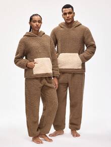 Rest Era Women's Casual Colorblock Kangaroo Pocket Teddy Fleece Hoodie And Drawstring Pants Fluffy Loungewear Set, Autumn/Winter - Khaki - View 3