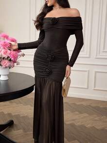 Modelyn Đầm dạ hội nữ màu đỏ lưới phối ren xếp nếp xuyên thấu phong cách Gothic tối màu với họa tiết hoa hồng 3D. - màu nâu - Xem 6