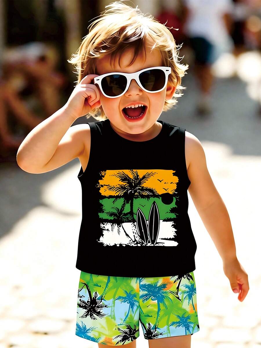 SHEIN Playful Pals 2 Potong Setelan Bayi Laki-laki, Atasan Rompi Motif Pohon Palem Minimalis Modis Dipadukan dengan Celana Pendek Motif Pohon Palem, Cocok untuk Jalan-jalan Musim Panas - MultiWarna - View 1