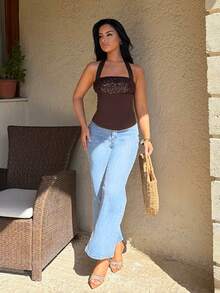 Vassilux Vintage Y2K Sequin Patchwork Slim Fit Racerback Tank Top For Women - Coffee Brown - View 5