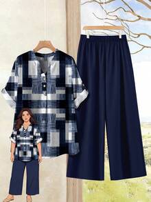 Rusticease 女士几何印花两件套，常规袖子，舒适长裤 - 彩色 - 查看 1