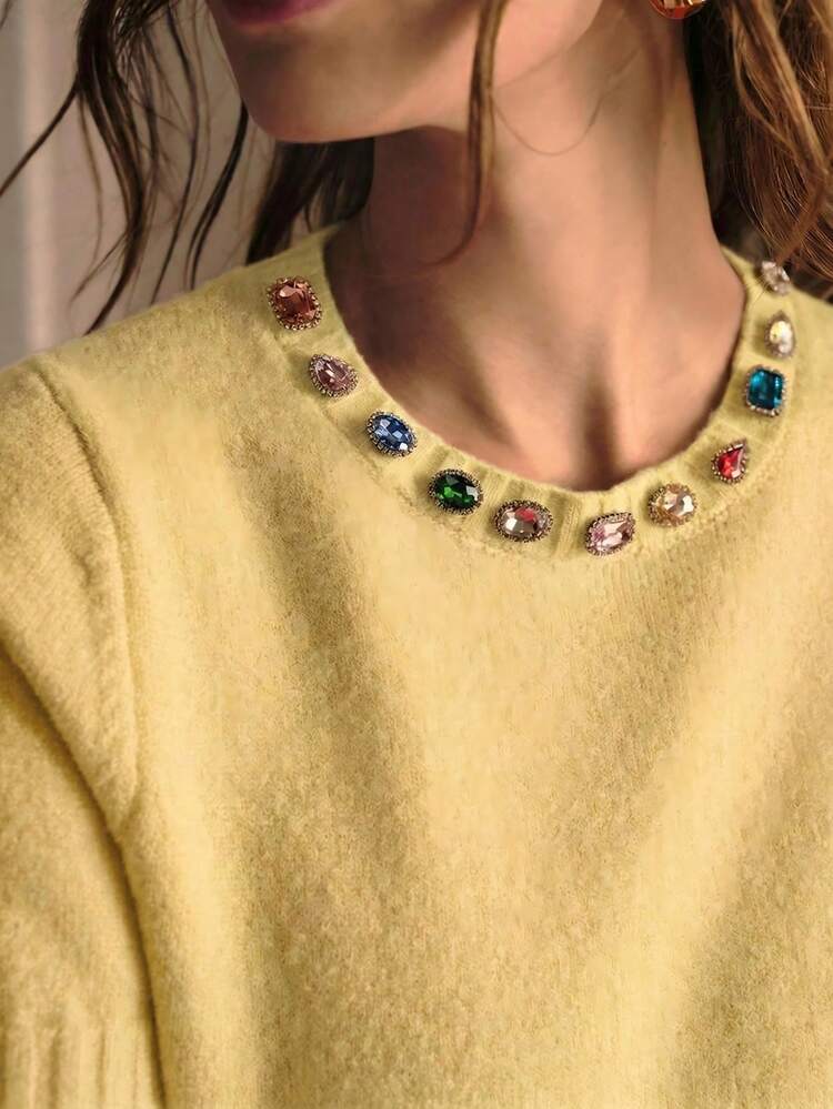 WOMEN'S COLORFUL RHINESTONE DECORATED SHORT SLEEVE KNIT TOP