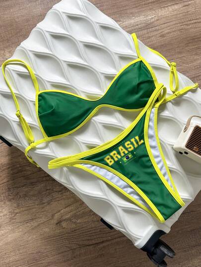 Swim SXY 女士优雅露背系带巴西国旗数码印花比基尼套装，适合海滩、度假、春夏秋季穿着