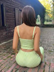Sweetina 2pcs Going Out Yellow Plaid Print Camisole & Low Waist Pants Suit - Green - View 2