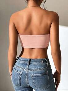 SHEIN PETITE 女士纯色露脐修身抹胸上衣 - 粉色 - 查看 2
