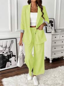 SHEIN Clasi Bộ đồ nữ gồm áo khoác màu xanh neon có cổ tay áo kẻ sọc và quần dài. - Màu vàng - Xem 3
