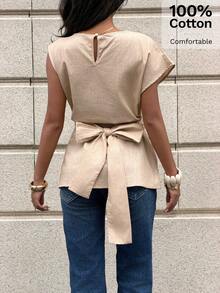 Siren Gaze Summer Elegant Khaki Belted Blouse For Women,Sleeveless Ruched Peplum Top,Office Work Wear,Business Casual Outfits,Classy Garterized Waist Shirt - Apricot - View 5
