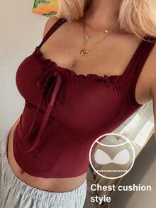 DAZY Women's Pleated Design Curved Hem Camisole Top With Built-In Padding Summer - Burgundy - View 3