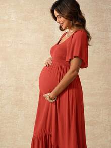 Boho Mama Maternity Solid Color Casual Ruffle Hem Short Sleeve Dress - Redwood - View 4