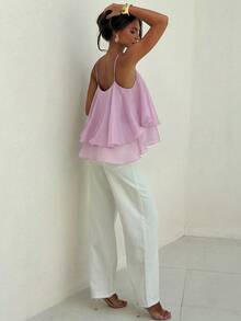 Aloruh Atasan Musim Semi/Panas Romantis Elegan untuk Kencan, Liburan, Koleksi Terbaru, Bahan Chiffon Bertekstur dengan Tali Bahu Tipis, Warna Hijau Muda untuk Wanita, Atasan Musim Panas - Baby Pink - View 6