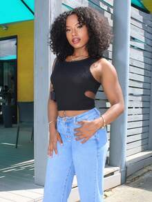 Steph T 女士夏季圆领露背镂空修身短款休闲性感吊带背心 Y2k - 黑色 - 查看 4