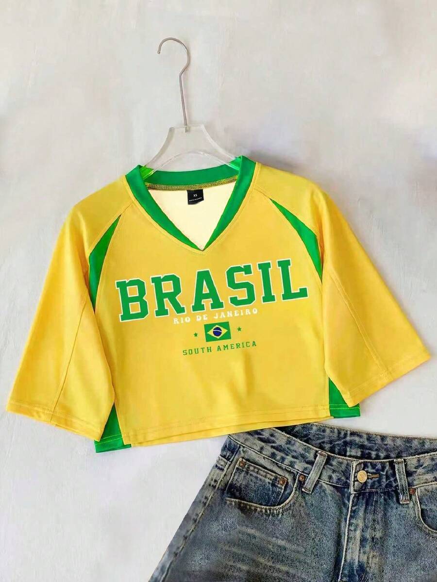 Comfortcana Áo croptop nữ mùa hè tay ngắn cổ chữ V in chữ phối màu tương phản, áo len dệt kim tay raglan. - Nhiều màu - Xem 1