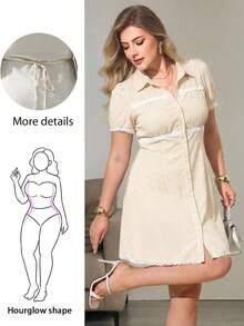 Plus Size Women Striped Single-Breasted Ruched Casual Daily Short Sleeve Dress, For Hourglass Body Shape - Apricot - View 1