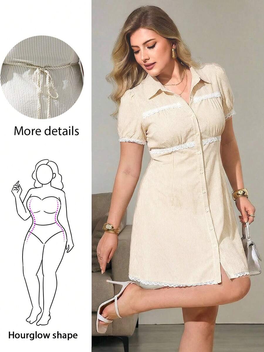 Plus Size Women Striped Single-Breasted Ruched Casual Daily Short Sleeve Dress, For Hourglass Body Shape - Apricot - View 1