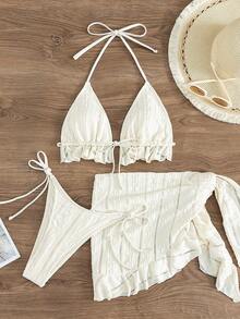 Swim Mod Women's Cream Textured Jacquard Halter Bikini Top And Bottom, With Sarong 3-Piece Swimsuit Set - Beige - View 7