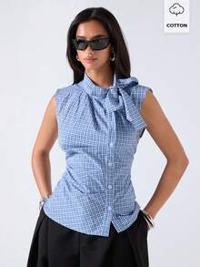 LYSMO 2026 New Arrive Minimalism Spring/Summer Women's Plaid Single-Breasted Knotted Collar Sleeveless Blouse,Summer Top - Blue - View 3