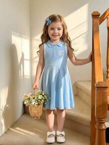 SHEIN 女童翻领修身无袖连衣裙，Polo领“67”数字蝴蝶结装饰百褶裙，休闲时尚优雅，适合派对、上学、运动等场合，夏季蓝色连衣裙 - 藍色 - 查看 6