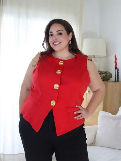 Pretty and Ole 大码无袖休闲商务时尚金色纽扣前襟春夏薄款西装外套