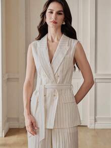 Anewsta Áo vest nữ tối giản thanh lịch, kèm thắt lưng, thích hợp cho đi làm, công sở và đi chơi. - Màu be - Xem 4