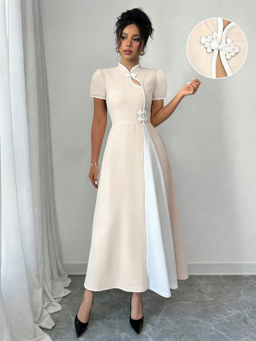 Rafferiza Women's Elegant Dress With Short Puff Sleeves And Button Design - Apricot - View 1