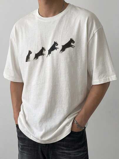 DAZY Herren Kurzarm Weißes T-Shirt mit Welpen Aufdruck