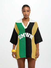 SUMWON WOMEN 大尺寸鉤編針織 Polo 毛衣復古風格套頭衫牙買加國旗設計大學字母 Logo 校園街頭風派對海灘上衣，上衣，學校 - 彩色 - 查看 3