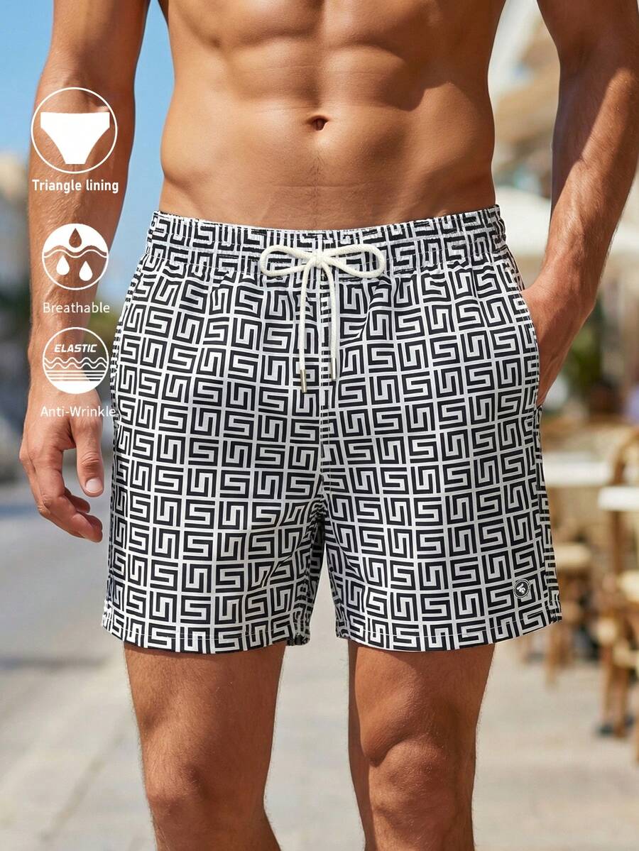 Manfinity Swimmode Quần short đi biển nam in họa tiết hình học, có dây rút. - Nhiều màu - Xem 1