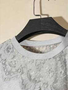 SHEIN Clasi Casual Lace Patchwork Short Sleeve T-Shirt, Summer - Grey - View 3