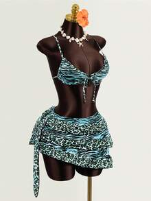 2026 New Leopard Print 3 PiecesSwimsuit, Sexy Bikini Set For Women, Beach Dress - Baby Blue - View 4