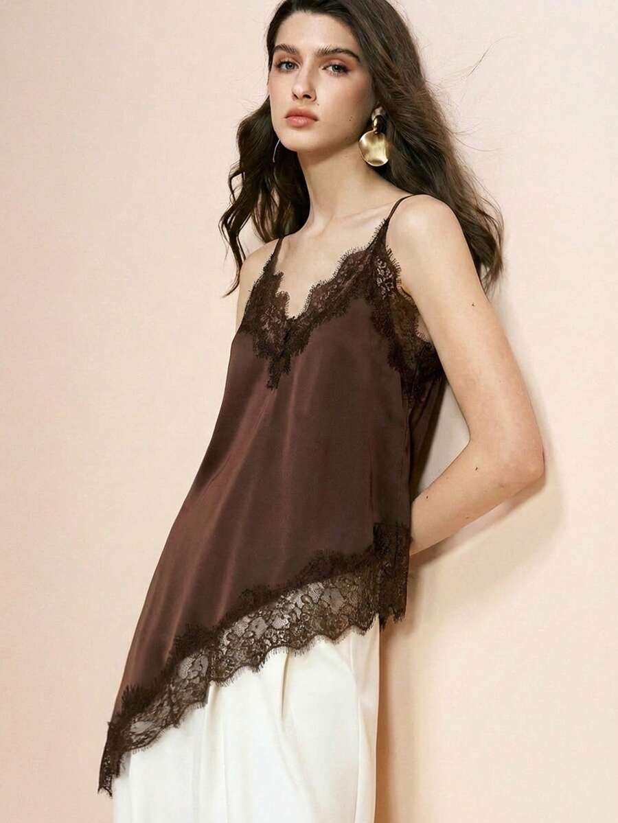 Arave 女士V领无袖蕾丝边拼接梭织面料休闲吊带衫 - 巧克力棕 - 查看 1