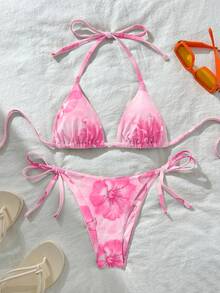 Swim Vcay 女士性感随机印花挂脖系带比基尼套装，夏季 - 彩色 - 查看 1