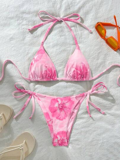 Swim Vcay Bộ bikini buộc dây cổ in họa tiết ngẫu nhiên gợi cảm dành cho nữ, thích hợp cho mùa hè.