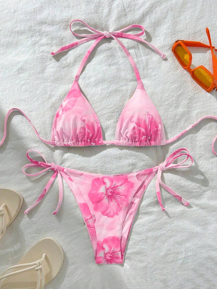 Swim Vcay 女士性感随机印花挂脖系带比基尼套装,夏季 - 彩色 - 查看 1