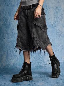 ROMWE MEN Street Life Quần short denim nam dáng bất đối xứng, xếp lớp, gấu quần rách. - Màu xám đen - Xem 1