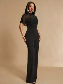 Silquee Solid Color Mandarin Collar Mesh Patchwork Fitted Elegant Short Sleeve Jumpsuit - Black - View 5