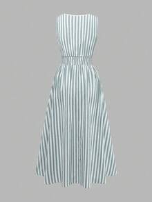 GlowEve Women's Cotton Linen Blue & White Striped Waist Patchwork Hollow Lace Trim Waist A-Line Midi Dress, Charming Elegant Daily Commute Vacation Fashion Date French Street Retro Versatile Spring Summer Blue & White New Arrival Sleeveless Shirt Dress - Multicolor - View 2