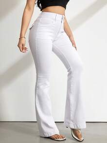 SHEIN Tall Quần jeans nữ cạp cao ống loe màu trắng, cài hai nút, kiểu dáng thường ngày, thích hợp cho kỳ nghỉ hè. Quần jeans nữ ống loe ôm sát, co giãn, màu trắng, thích hợp cho những dịp thường ngày. - trắng - Xem 5