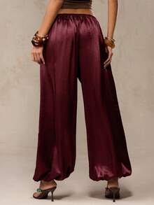 SHEIN BAE 女士纯色弹力腰休闲灯笼裤 - 紫紅色 - 查看 2