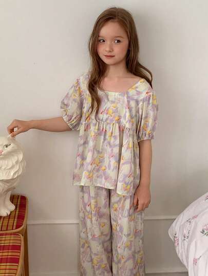 Dazy Kids Pijama holgado con mangas de linterna de mariposa lindo para niñas, ropa de otoño para niñas preadolescentes (talla grande)