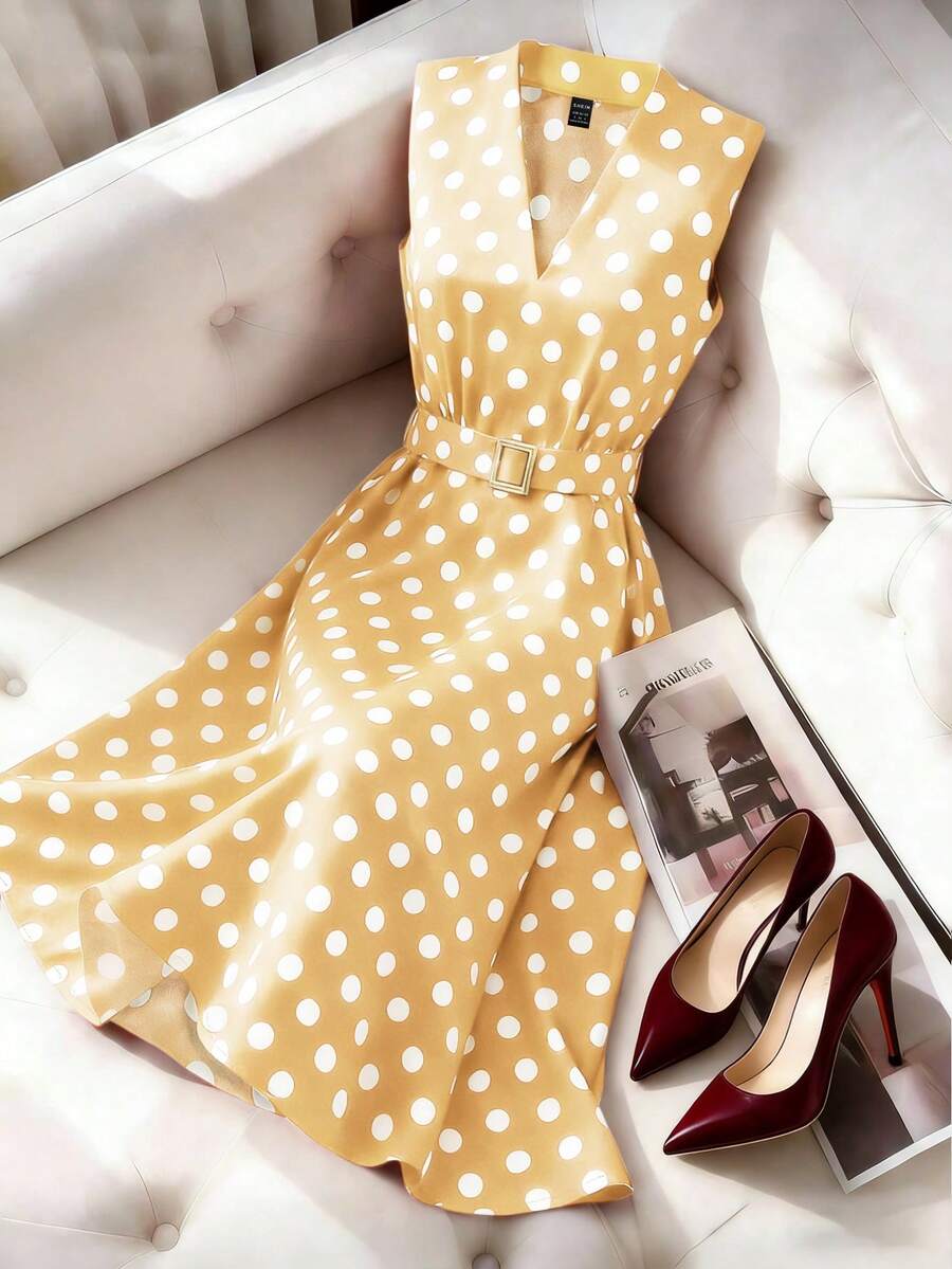 Franclia Đầm maxi dáng chữ A không tay cổ chữ V in chấm bi thắt eo dành cho nữ, kiểu dáng thời trang cho ngày Valentine và buổi hẹn hò. - Màu vàng - Xem 1