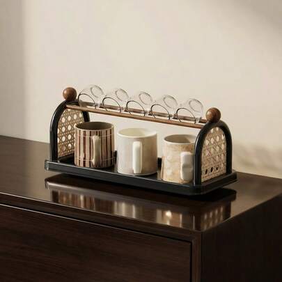 Cirelle 1pc,Double Layered Cup Holder Desktop Storage Rack, Made Of PP+Wood Material, Large Capacity Multifunctional Office Desktop Storage Rack, Organizing Rack Storage Rack, Hollowed Out Retro Design